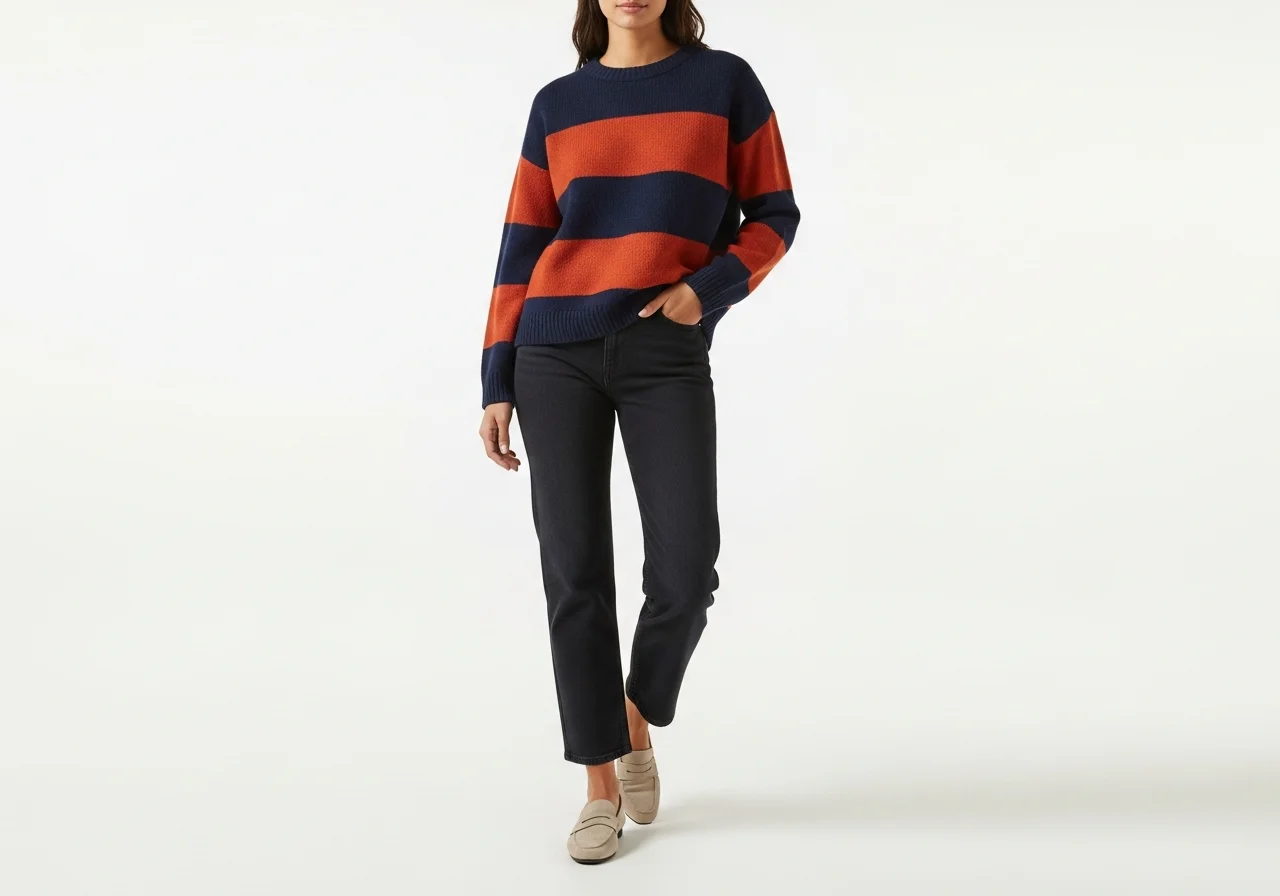 Color-Blocked Sweater With Dark Wash Jeans