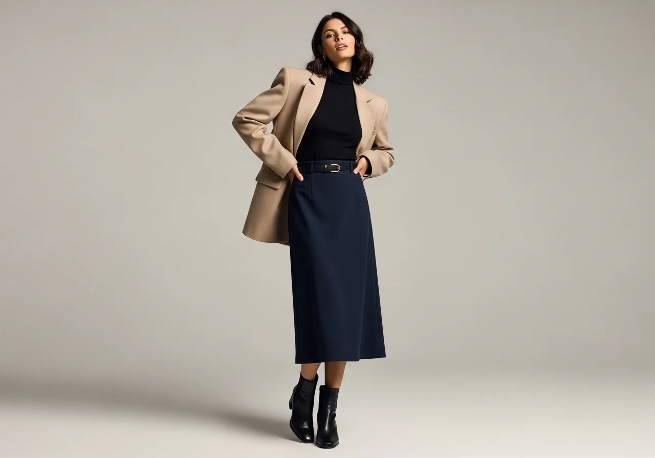 Blazer with Midi Skirt and Ankle Boots
