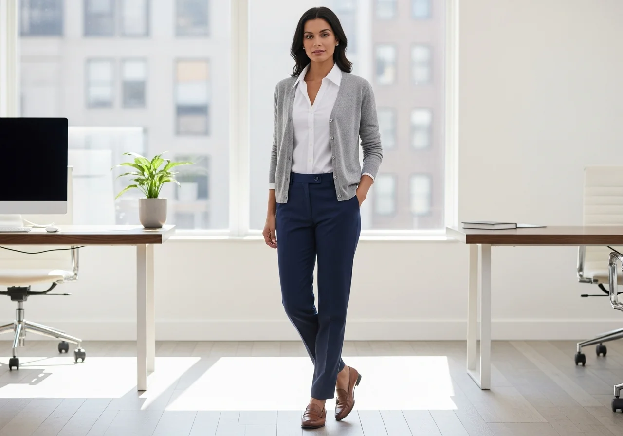 Cardigan Layered Over Dress Shirt and Pants