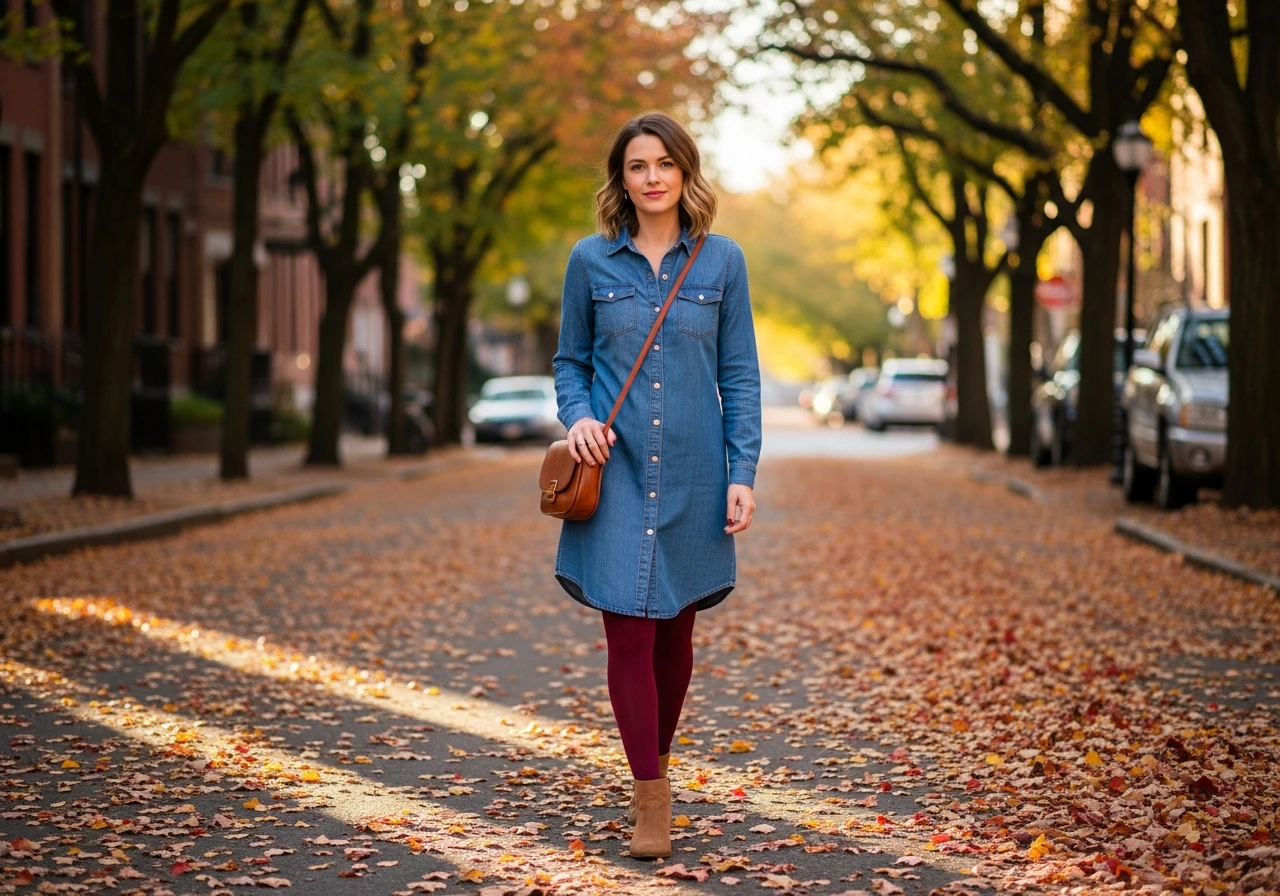 Denim Dress with Tights and Booties