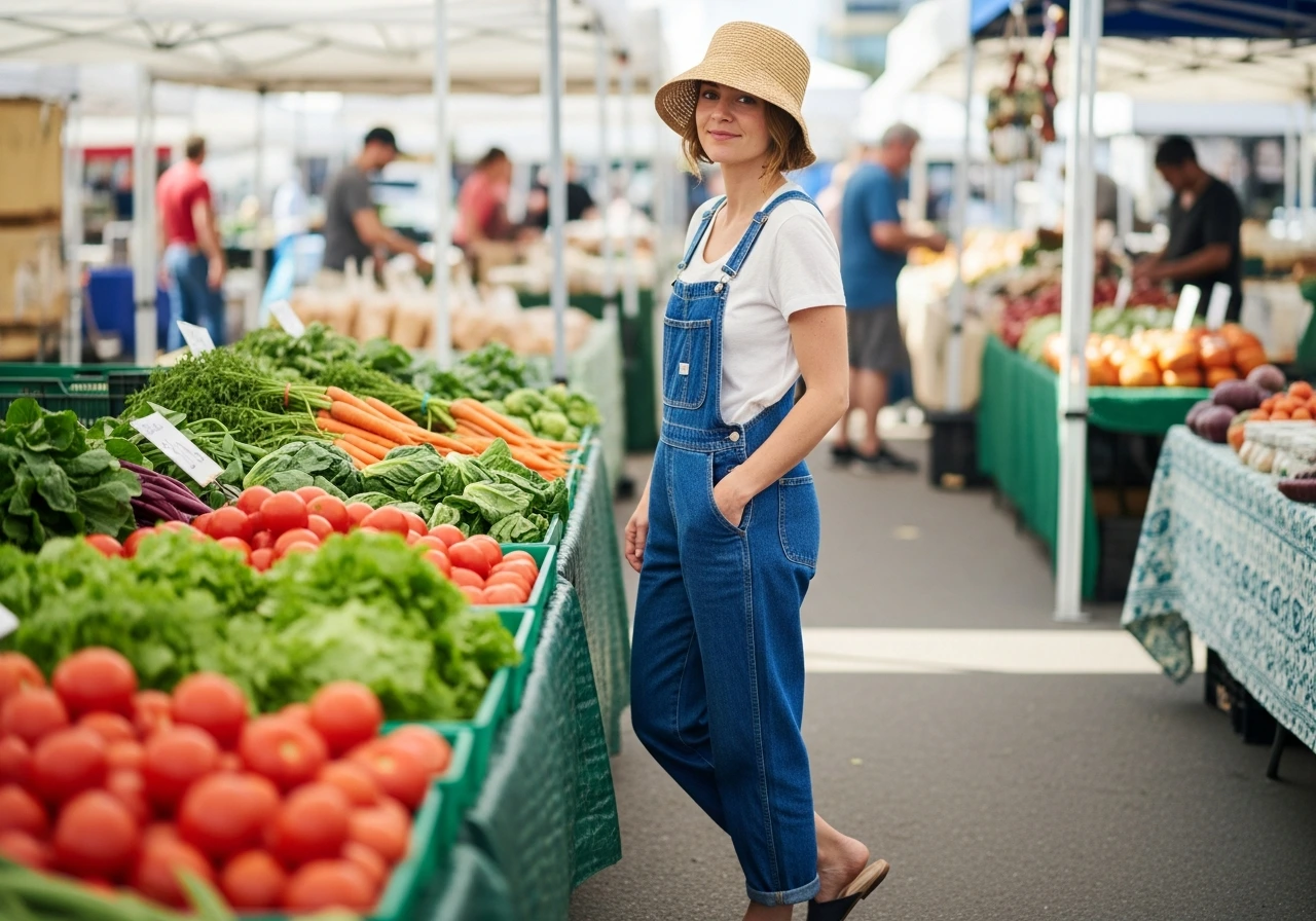 Denim Overalls with Straw Bucket Hat