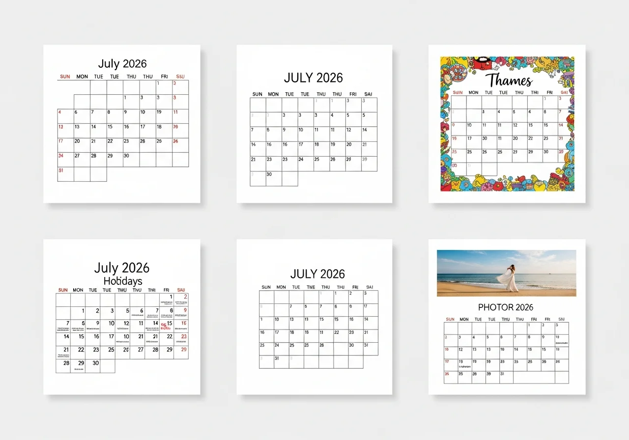 Different Calendar Styles Available for July 