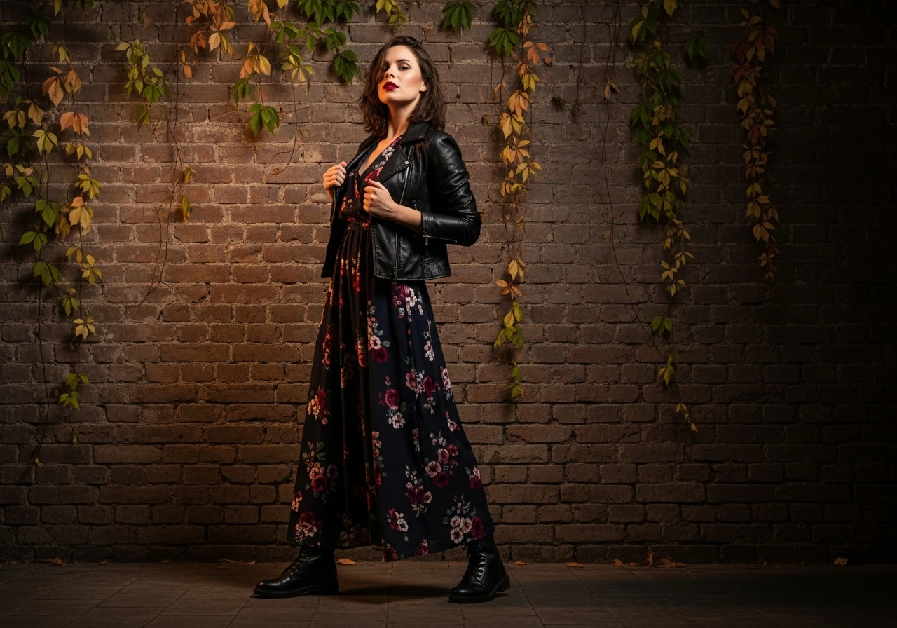 Floral Maxi Dress with Leather Jacket Edge