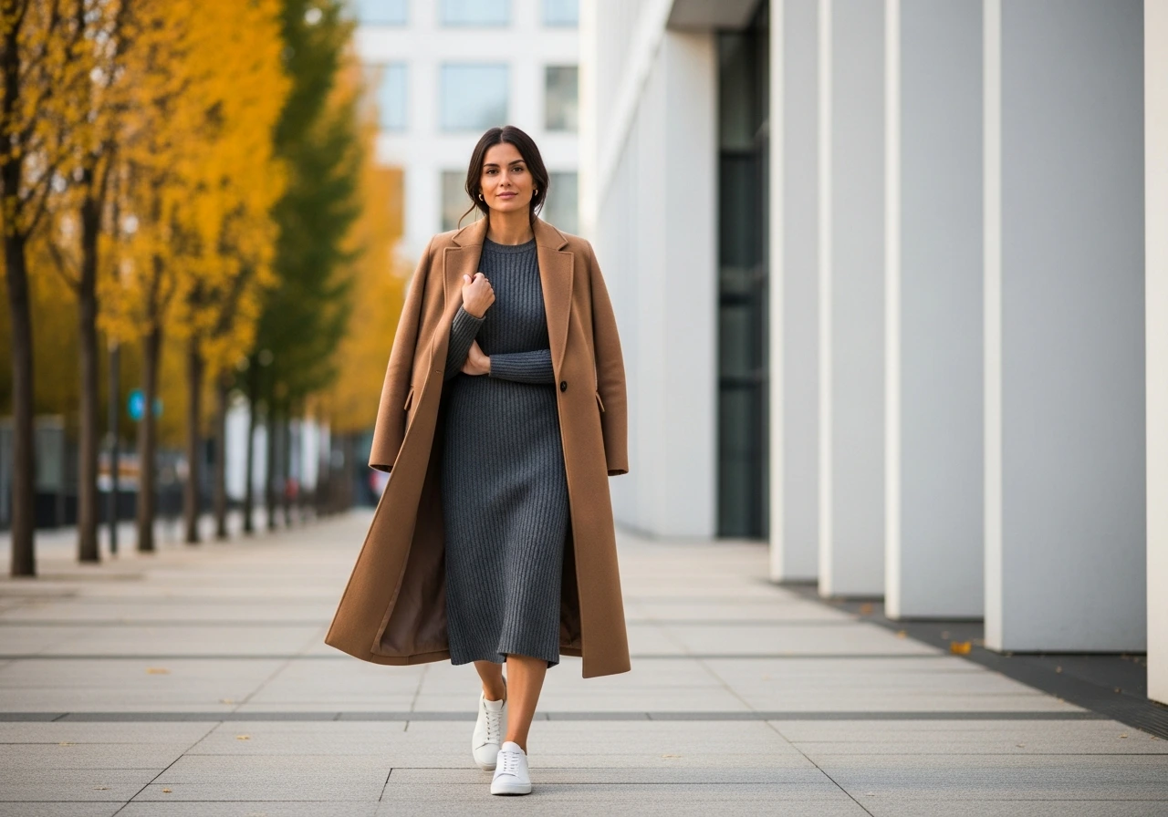 Knit Midi Dress with Long Coat and Sneakers