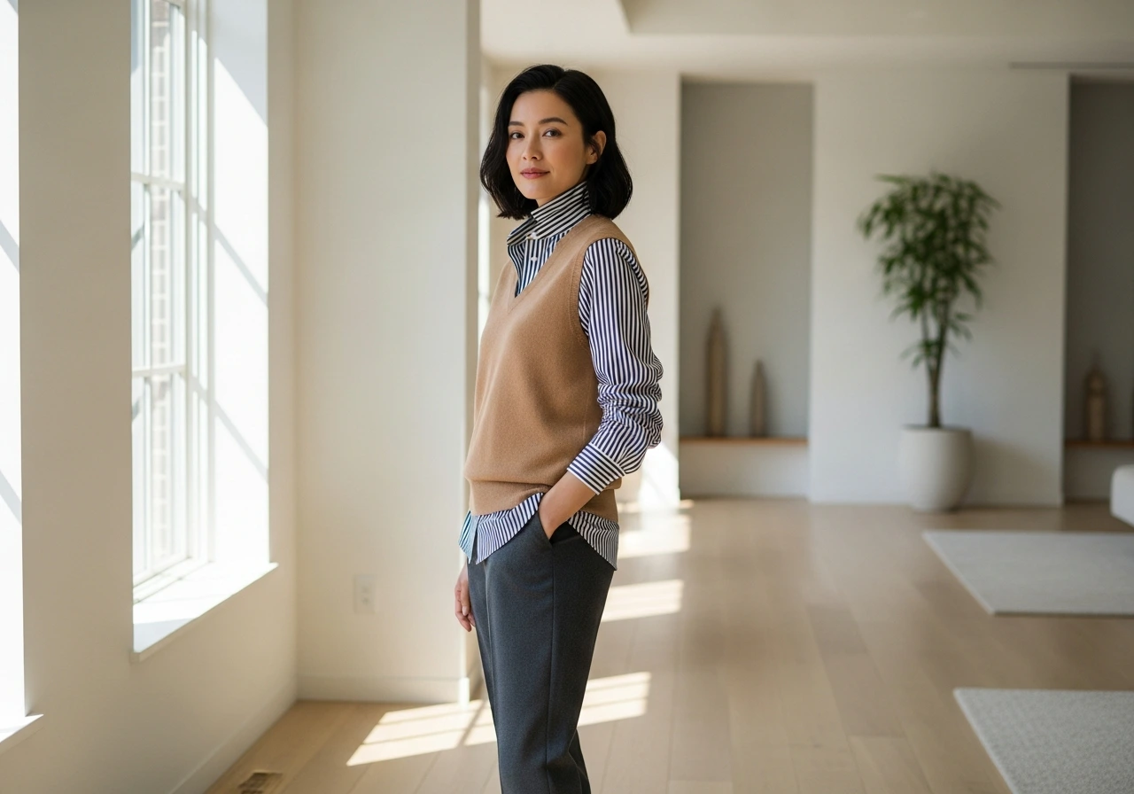 Layer a Striped Shirt Under Structured Knitwear