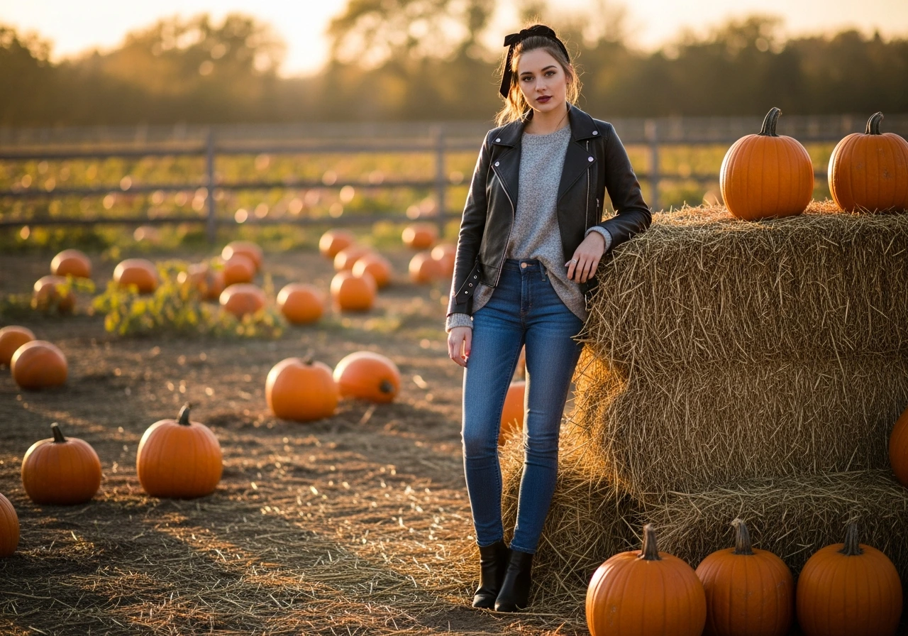 Leather Jacket over Sweater with Denim
