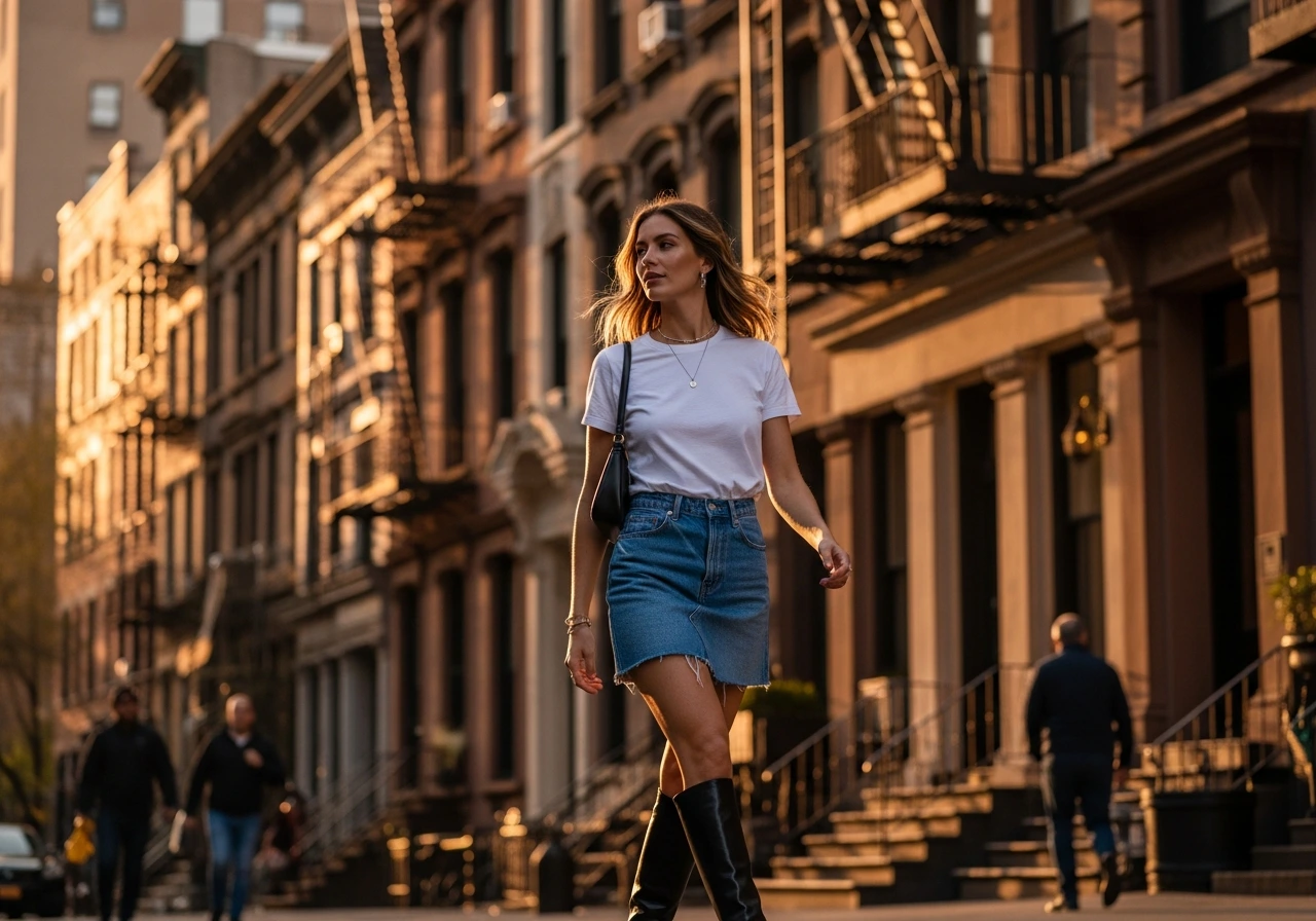 Mini Skirt with White Tee and Knee-High Boots