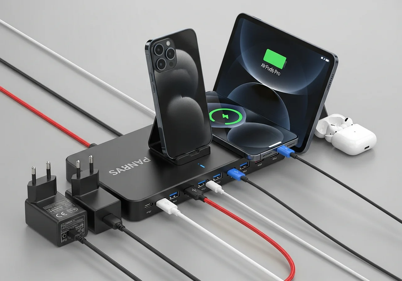 Multi-Port USB Hub with International Adapters. 
