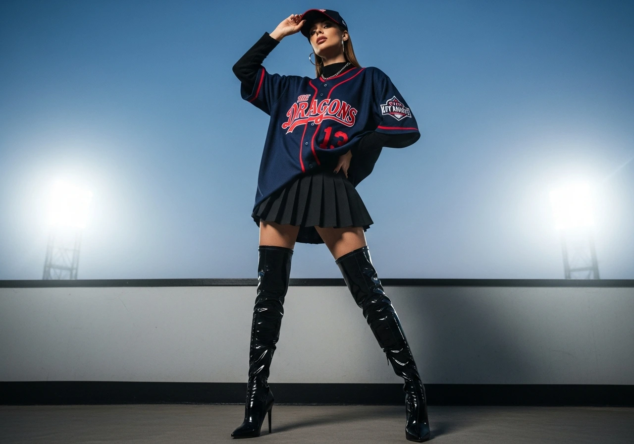 Oversized Jersey with Pleated Mini and Knee-High Boots