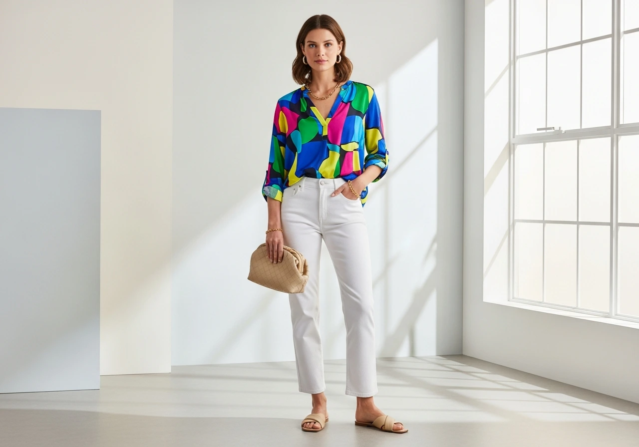 Printed Blouse and White Jeans