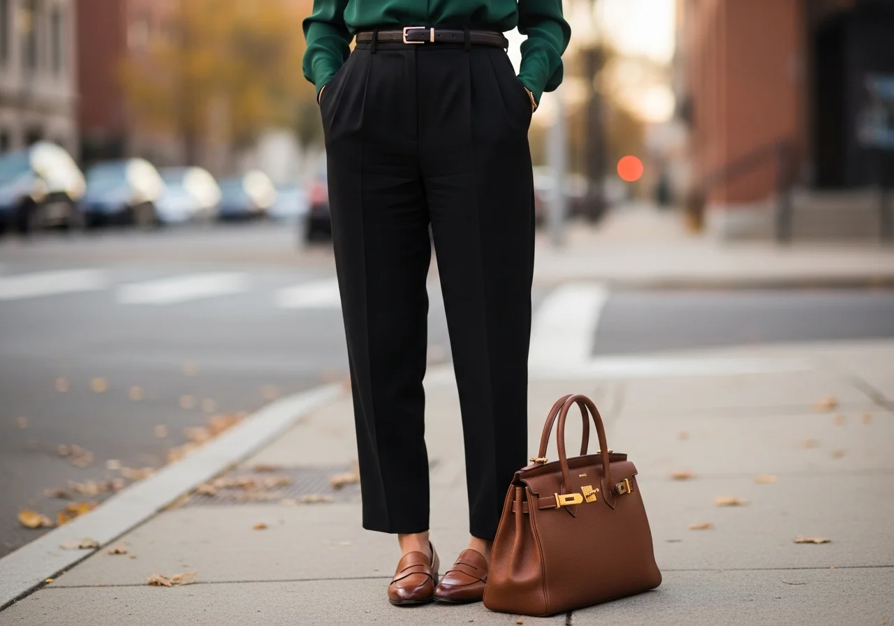 Silk Blouse with High-Waisted Trousers and Loafers