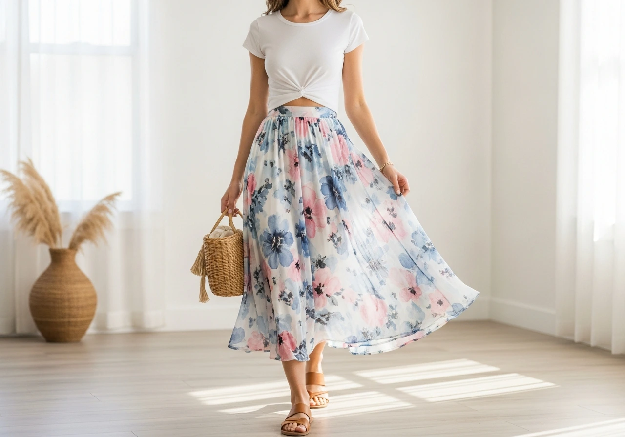 The Printed Midi Skirt and Basic Top Combination