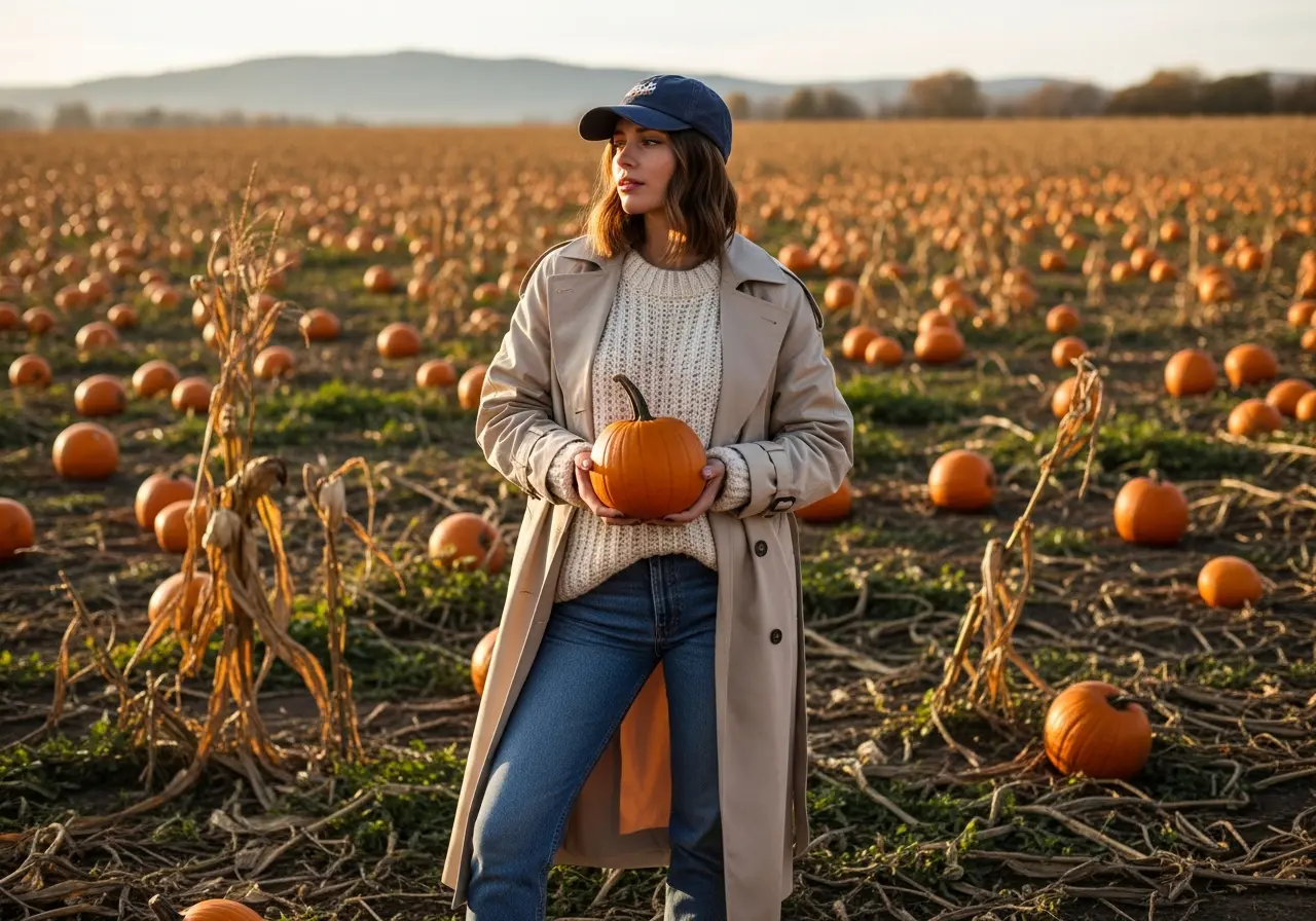 Trench Coat Layered Over Chunky Sweater with Dad Cap