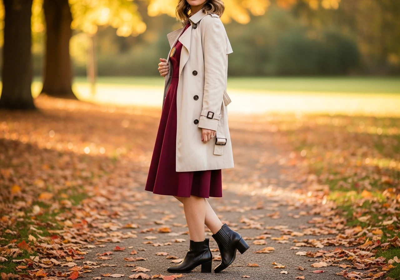 Trench Coat Over Dress and Boots