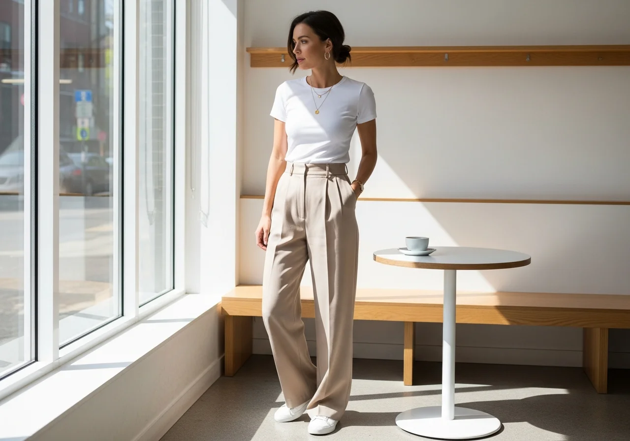 White Tee and Wide-Leg Trousers