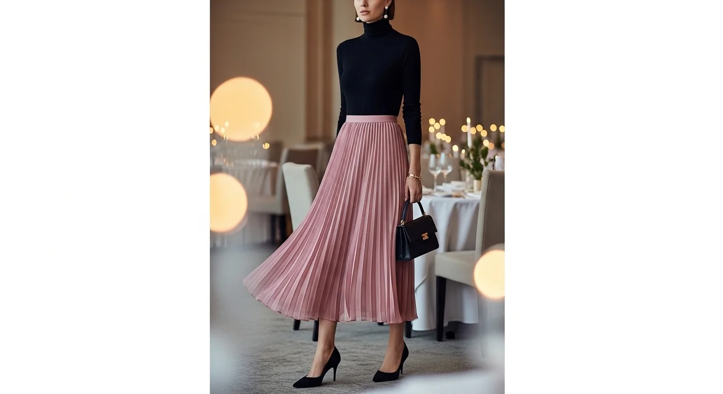 A Dusty Pink Midi Skirt With a Black Fitted Top and Heels