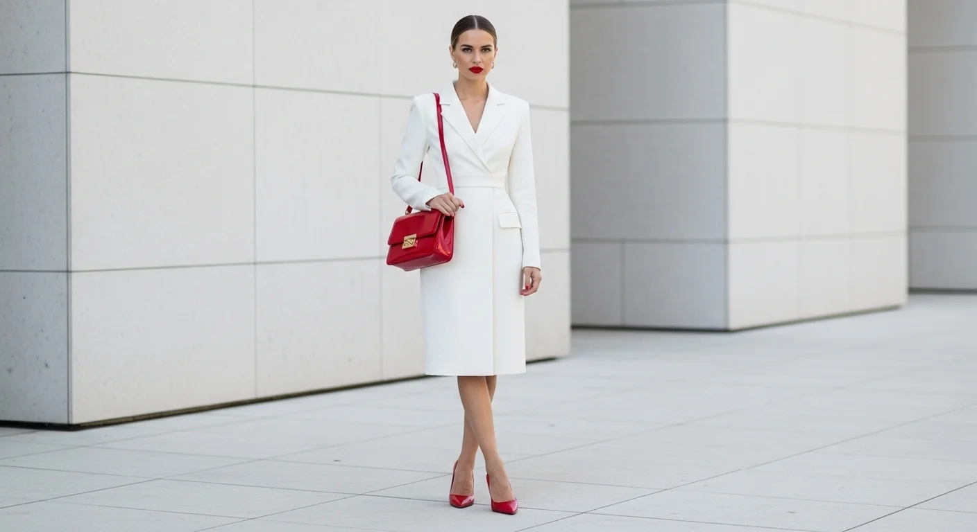 A White Fitted Blazer Dress With Red Accessories