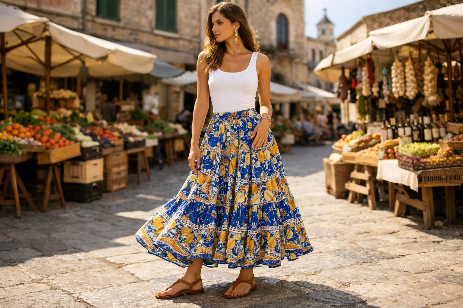 Flowy Maxi Skirt and Cognac Thong Sandals