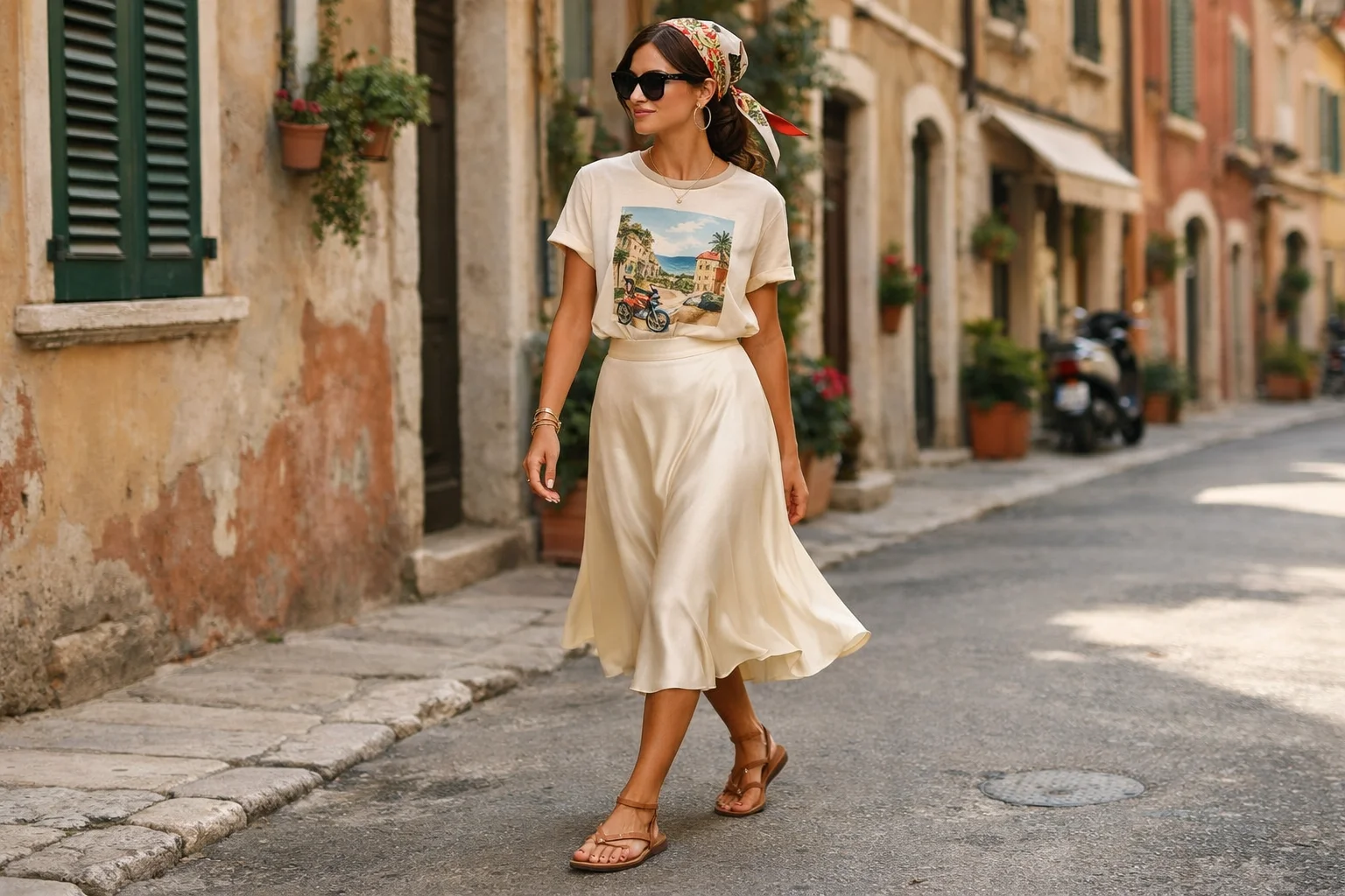 Graphic Tee, Silk Midi Skirt and Strappy Sandals
