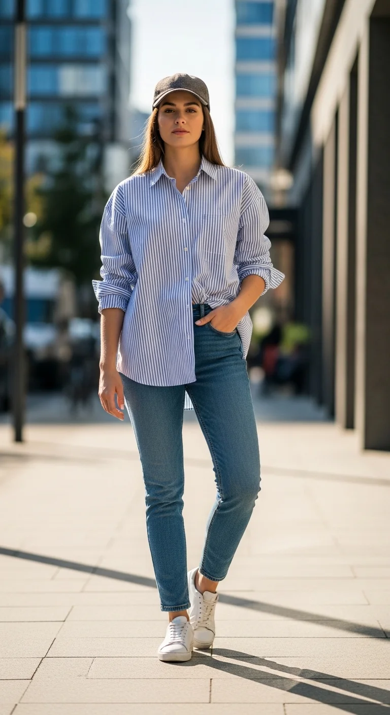 Outfit 1 The Striped Button-Up, Jeans, and Dad Cap Combination