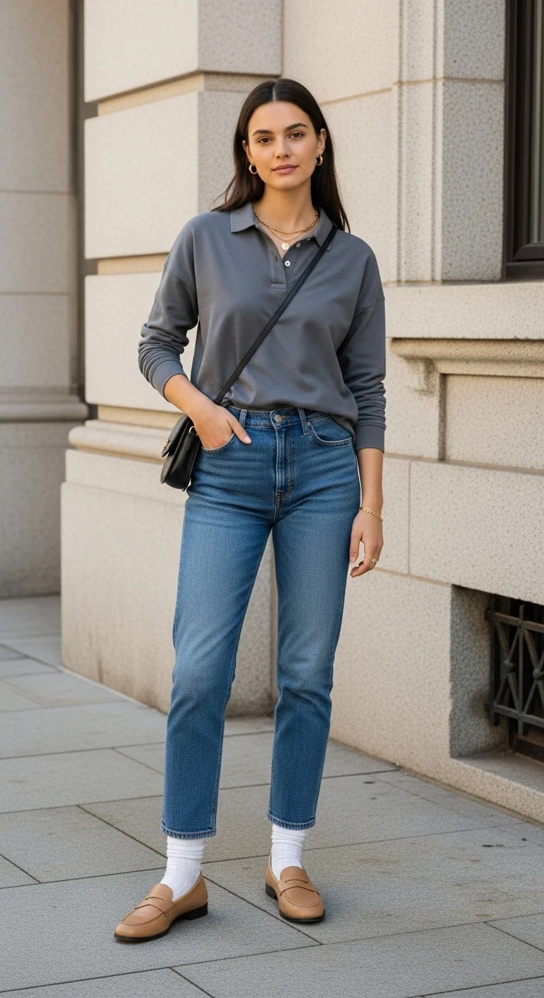 Outfit 2 The Polo Top, Jeans, and Loafers with Ribbed Socks Look