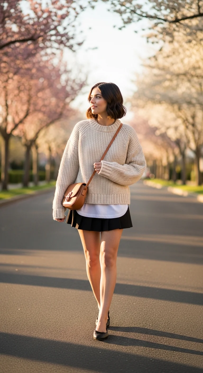Outfit 3 The Crew Sweater, White Tee, and Mini Skirt Formula