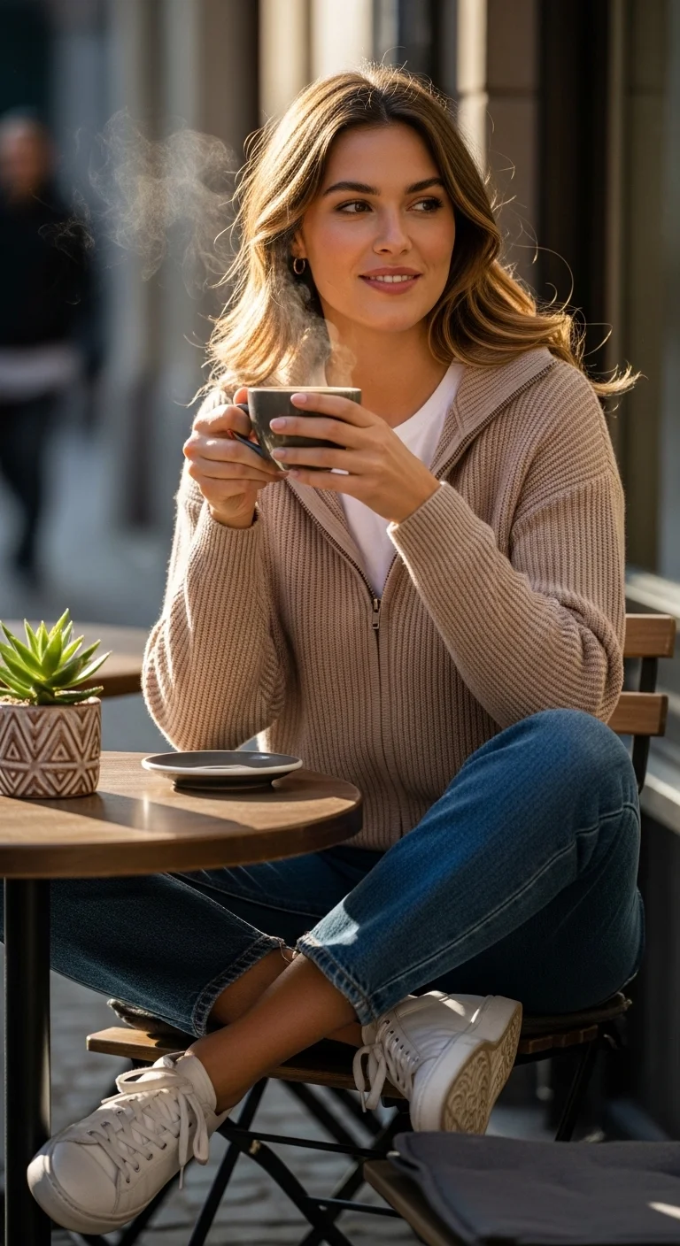 Outfit 5 The Classic White Tee, Jeans, and Cardigan