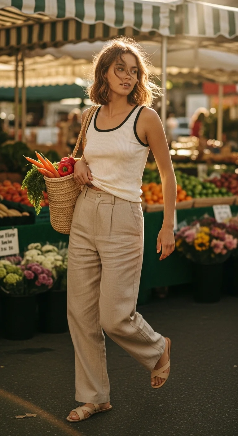 Outfit 7 The Contrast-Trim Tank with Linen Pants and Sandals