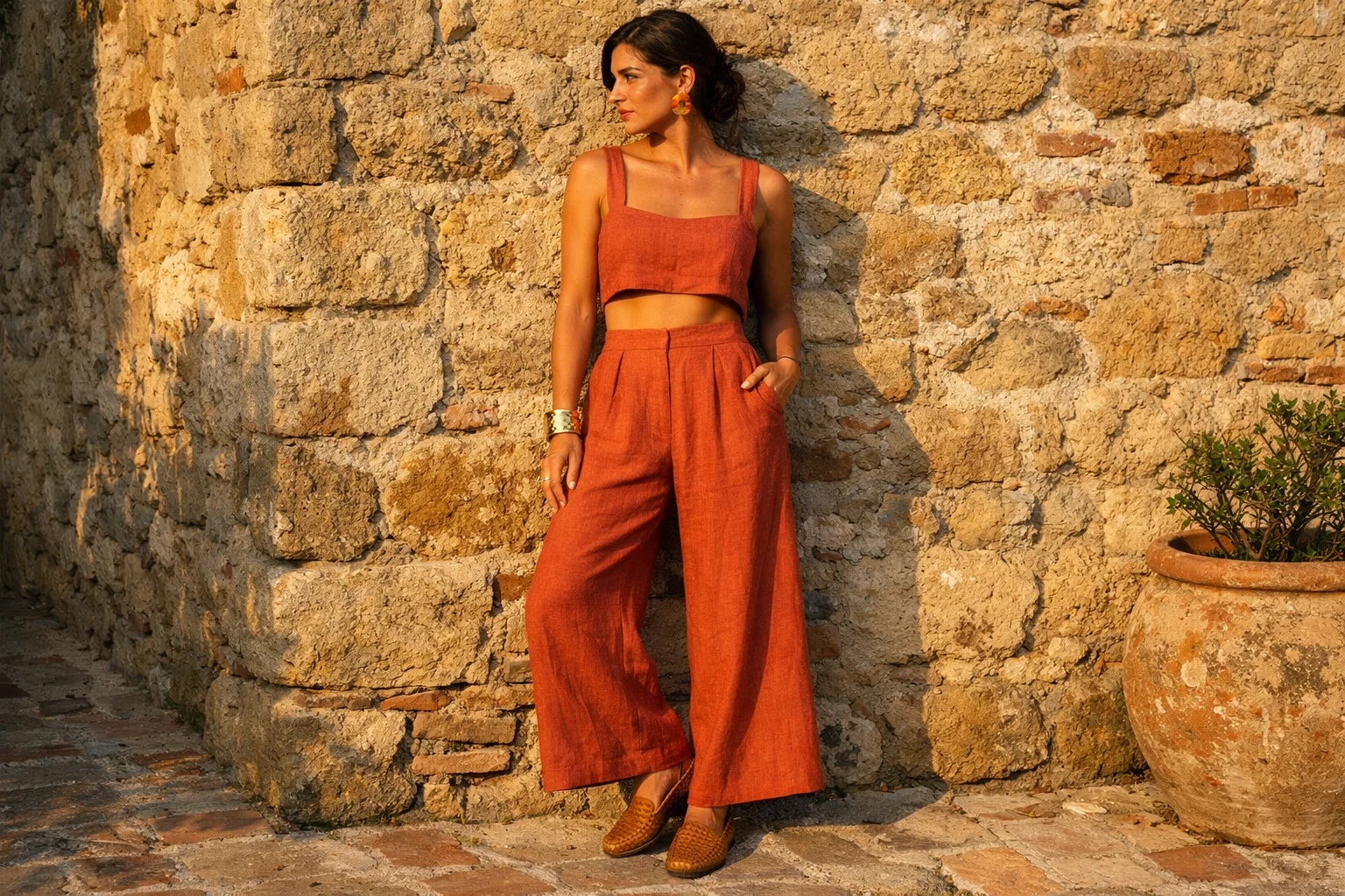 Terracotta Linen Co-Ord Set with Woven Leather Loafers