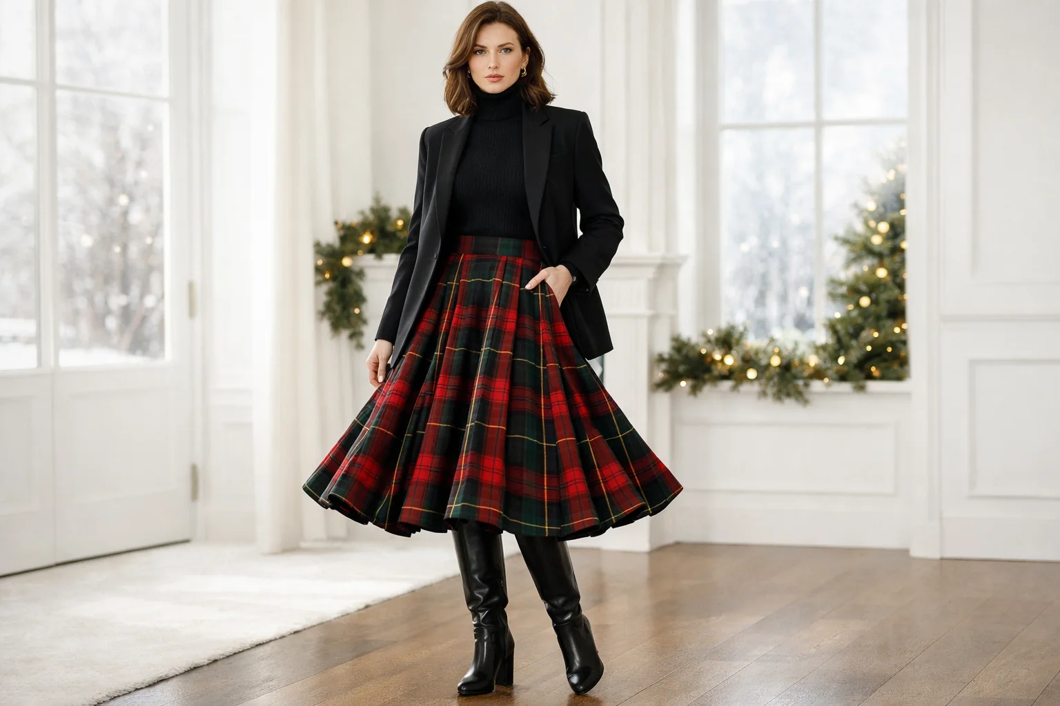 The Plaid Tartan Midi Skirt Outfit & Knee High Leather Boots