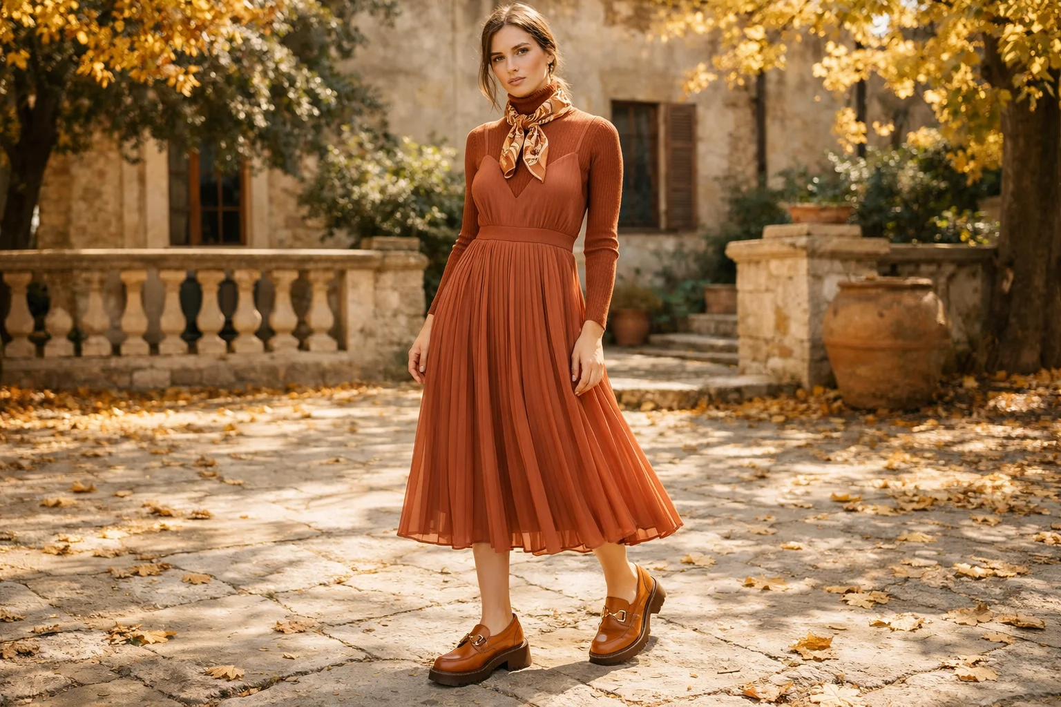 The-Pleated-Midi-Skirt-Dress-With-Loafers-and-a-Silk-Scarf