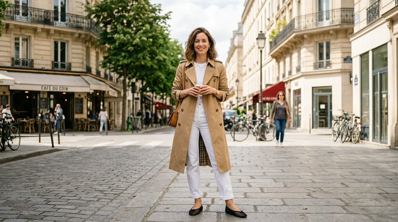 Classic Camel Trench With White Denim