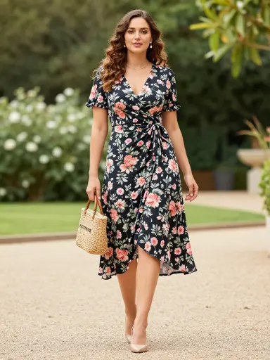 Classic Floral Wrap Dress with Pearl Accessories