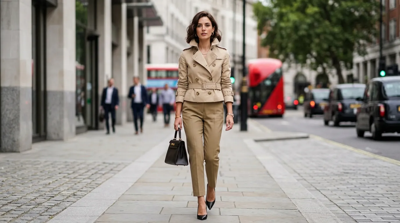 Cropped Funnel Neck Trench With Khaki Trousers
