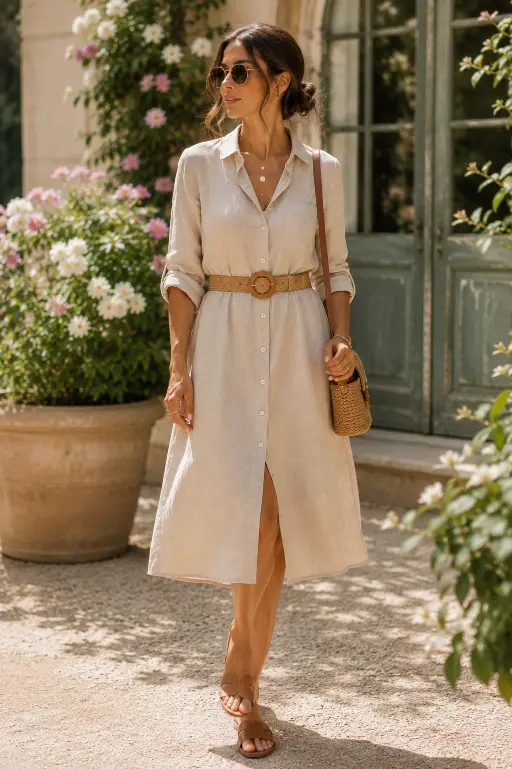 Linen Shirt Dress with Leather Sandals