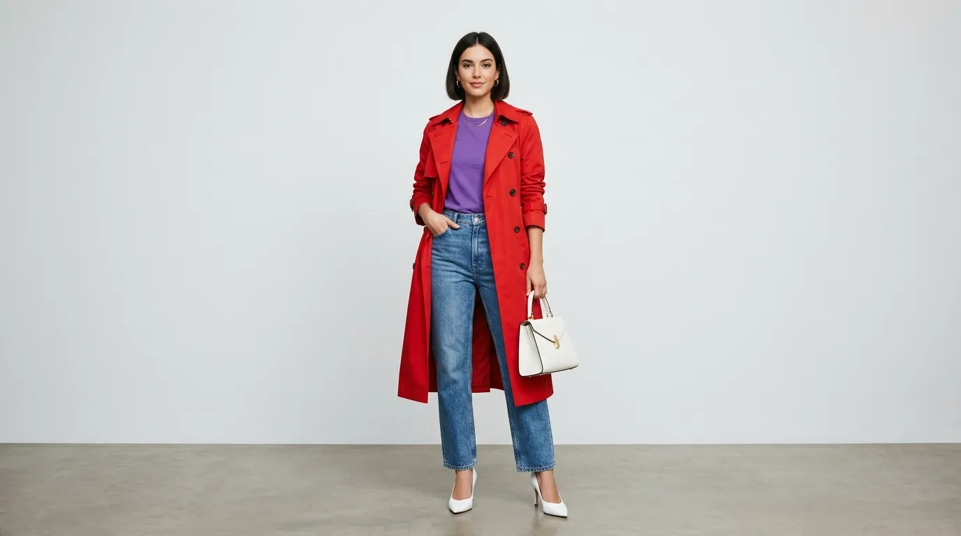 Red Trench Coat With a Purple Tee