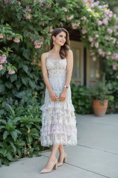 Soft Pastel Midi Dress with Statement Earrings
