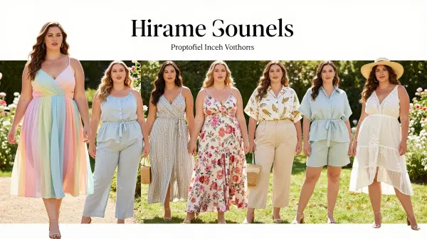 Stylish plus size women wearing trendy summer outfits in pastel colors.