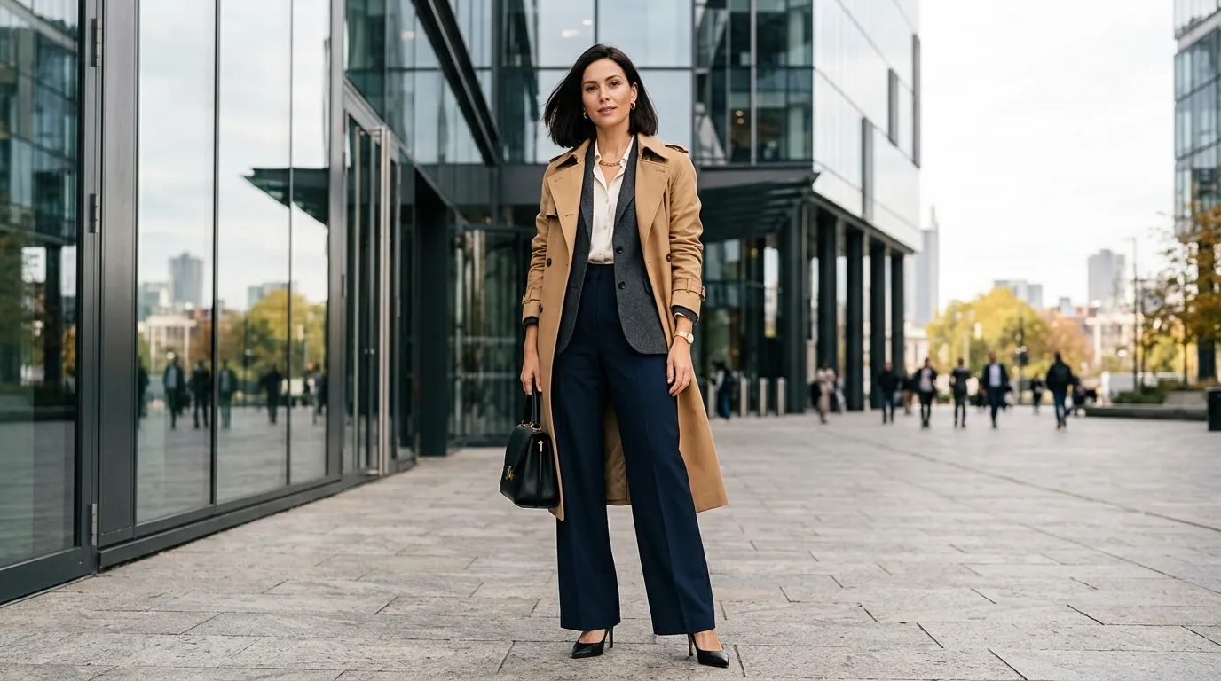 Trench Coat With Wide Leg Pants and a Blazer