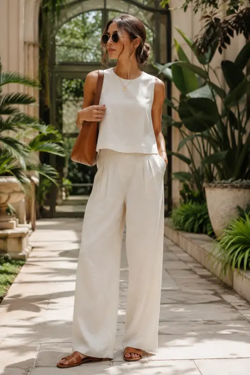 Woman wearing a neutral linen two-piece outfit for an outdoor garden event.