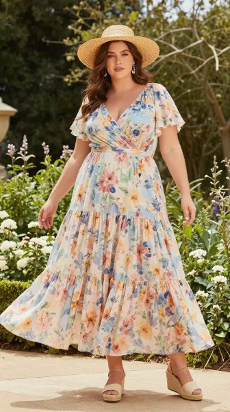 Floral tiered maxi dress outfit for plus size women.