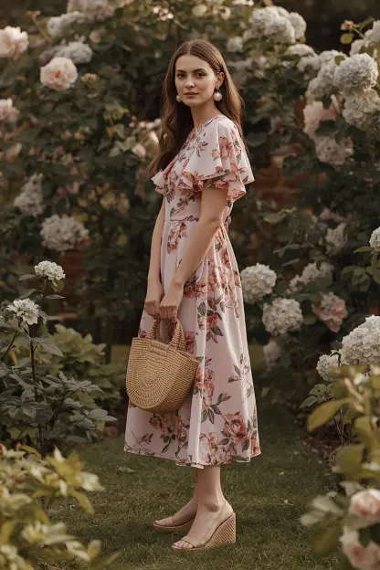 Woman wearing a floral midi dress with nude wedges at a spring garden party.