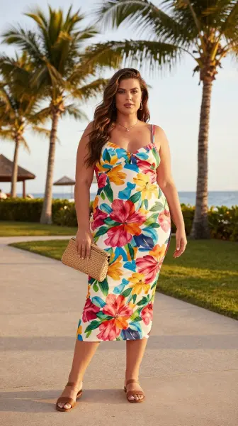Floral tube dress vacation outfit for plus size women.