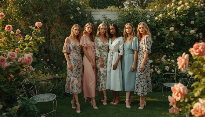 Elegant women wearing stylish garden party outfits in a blooming outdoor garden.