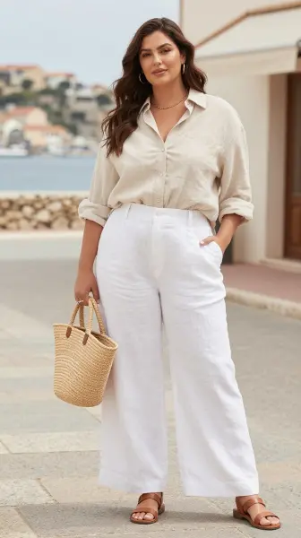 White linen pants outfit for plus size women.