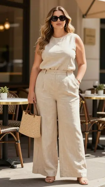 Monochrome neutral plus size summer outfit with wide-leg trousers.