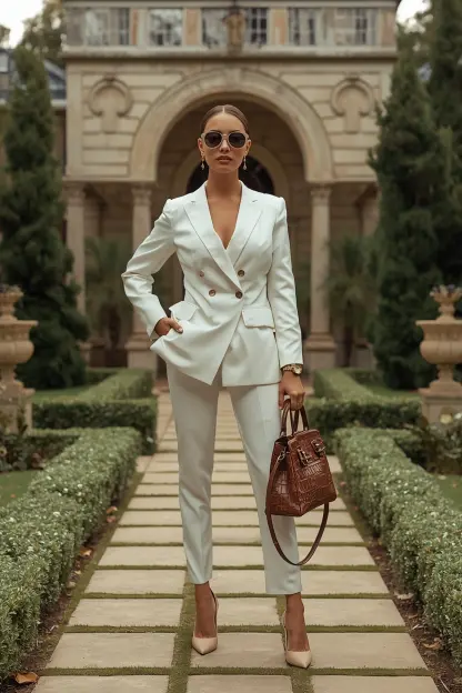 Monochrome neutral outfit with luxury accessories for a garden party.