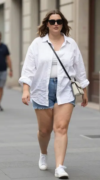 Oversized linen shirt with denim shorts for plus size women.