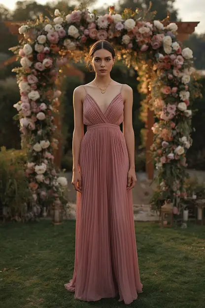 Elegant pleated maxi dress for a formal garden party.