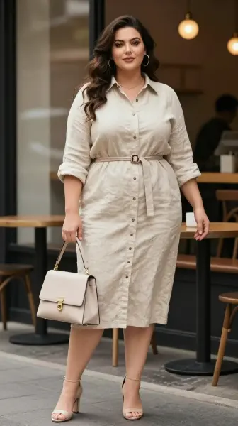 Elegant plus size shirt dress with a belt.
